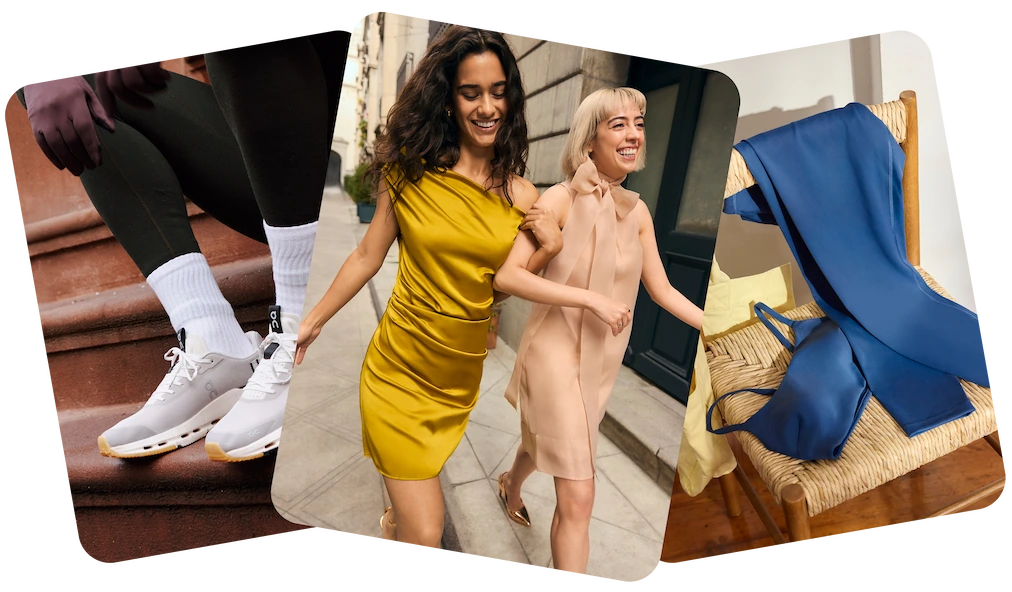 Collage showcasing preloved fashion finds: white running sneakers, women in vibrant dresses, and a blue gym set