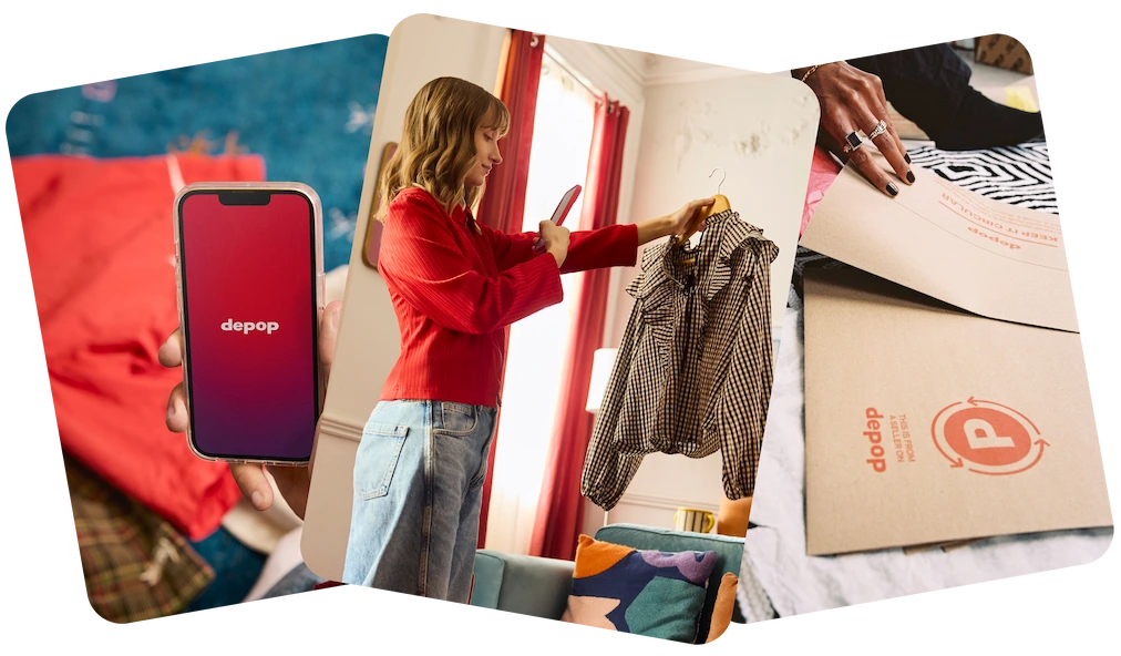 Three-panel collage of selling on Depop: phone displaying the Depop app, woman photographing a checkered jacket for listing, and seller preparing a Depop-branded shipping package
